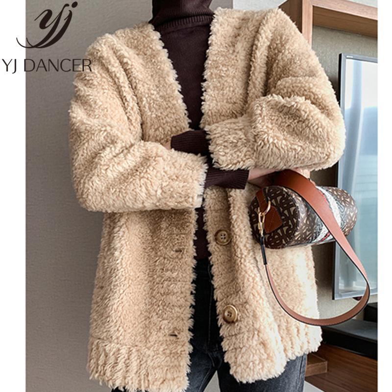 

Women's Fur & Faux Cardigan Full Wool Short Jacket Women 2021 Winter Solid Color Loose Thickening Age Reduction Lazy Wind NICE043, Apricot