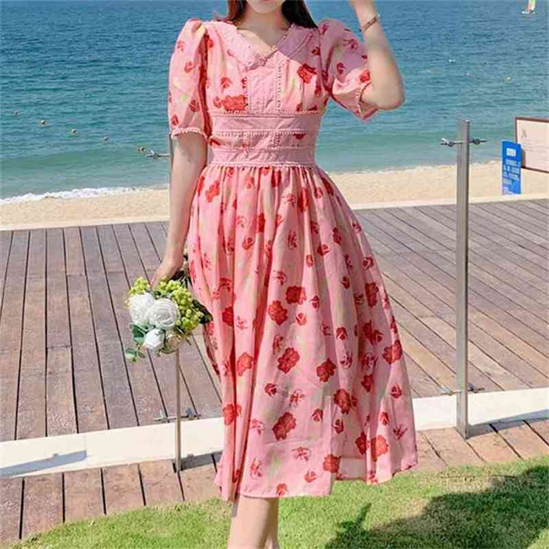 

Summer Vintage Dress for Woman Cotton Linen V-neck Rose Printed Vestidos Lady Short Sleeve Party es 210603, Brown