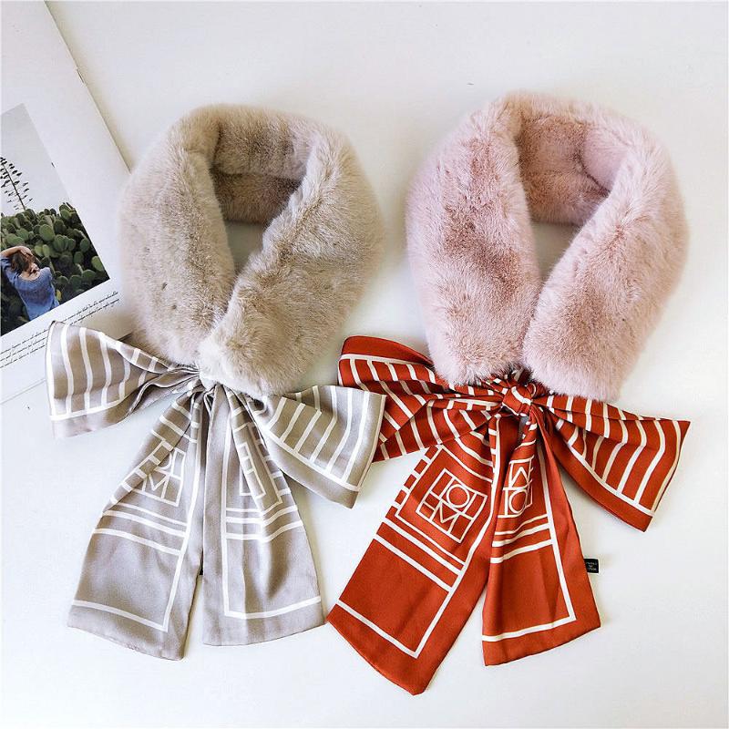 

Scarves Fashion Autumn Winter Faux Fur Neckerchief Scarf For Women Girl Printed Ribbon Neck Tie