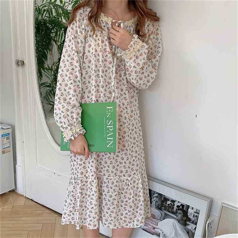 

Florals Cotton Printed Sleepwear Sweet Princess Dress Pajamas Chic Girls Casual Homewear Summer Loose Nightdress 210525, Photo color