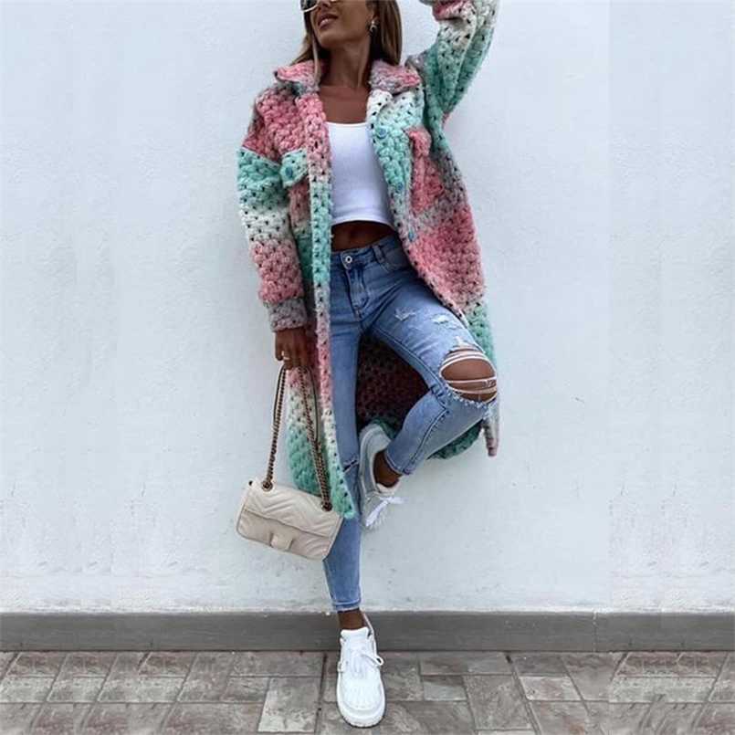 

Vintage Harajuku Street Style Gradient Long Sleeve Outerwear Women Fashion Braided Twist Woolen Coats Thick Jacket Overcoat 211110, 01 pink