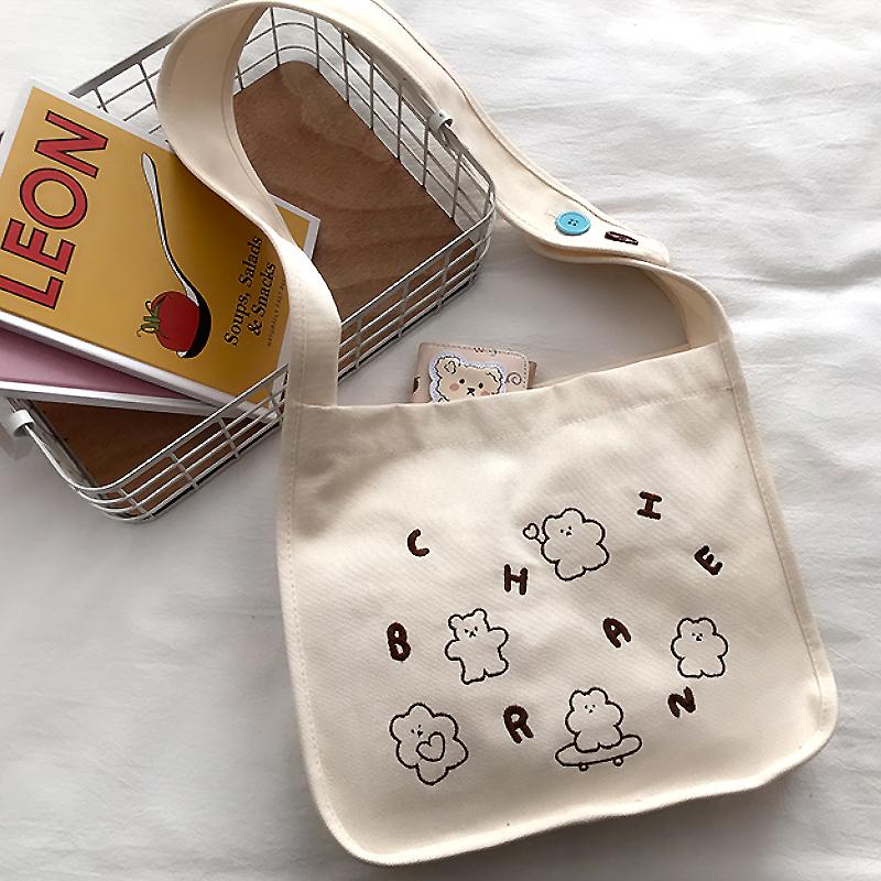 

Women Canvas Shoulder Bag Little Beer Embroidery Girls Crossbody Bags Large Capacity Ladies School Books Bag Female Shopping, White