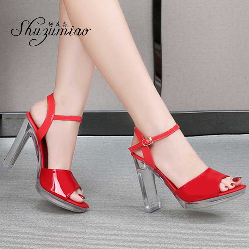 

2021 New Will See Women's Patent Leather Sandals Solid Color Square Jump 12cm Transparent High Heels Lower Party Shoes Img0, Silver.