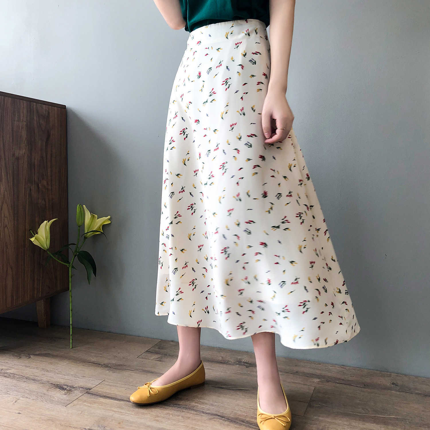 

Spring Floral Chiffon Skirt Female Korean High Waist Loose Long A-line 9565 210607, Broken flower