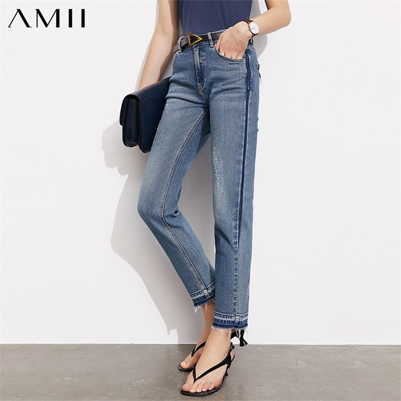 

Amii Minimalism Summer Fashion Jeans For Women Causal Cotton High Waist Straight Patchwork Streetwear Women' Pants 12047501 210629, Blue
