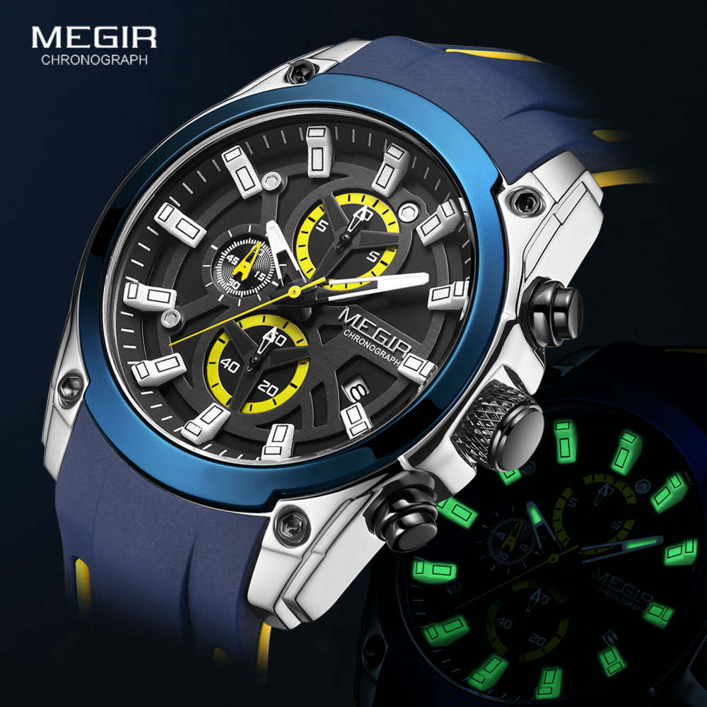 

MEGIR Mens Military Sport Watches Men Waterproof Fashion Blue Silicone Strap Wristwatch Man Luxury Top Brand Luminous Watchg, Mn2144g-rose gold