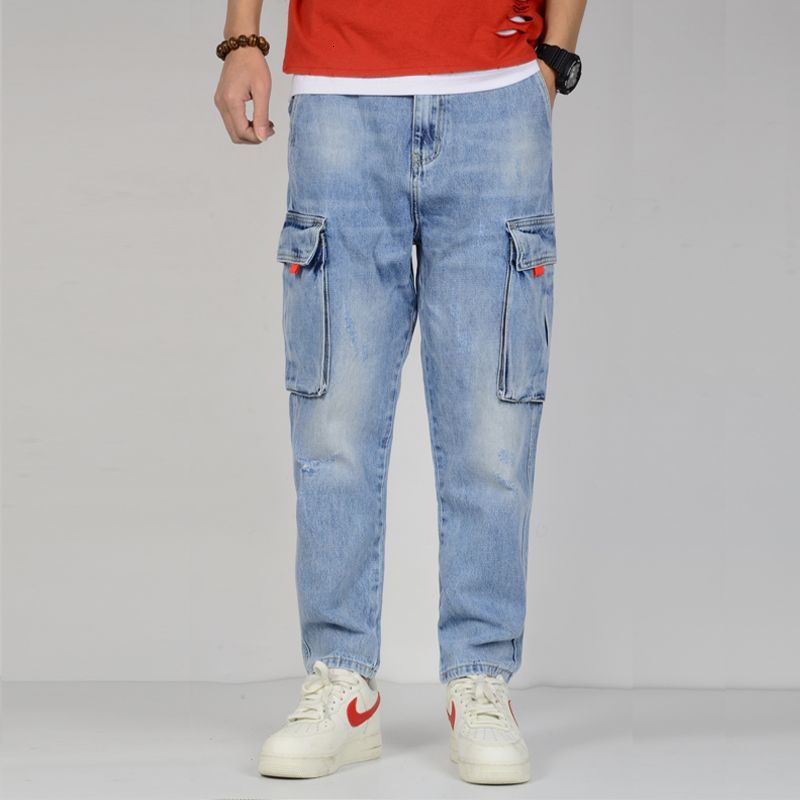 

2021 New Men's Stretch Big Pocket Baggy Hip Hop Tapered Pants Jeans Men Rf6q, Sky blue