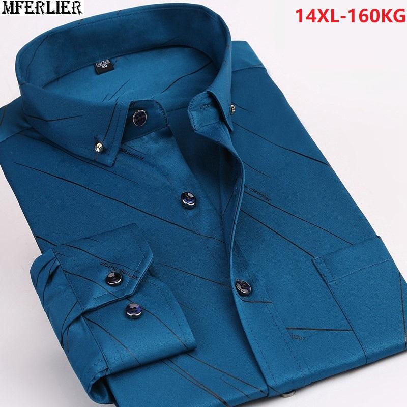 

MFERLIER men shirt classic print 10XL long sleeve autumn high quality large size big 8XL dress shirts formal blouse cotton 12XL, Blue