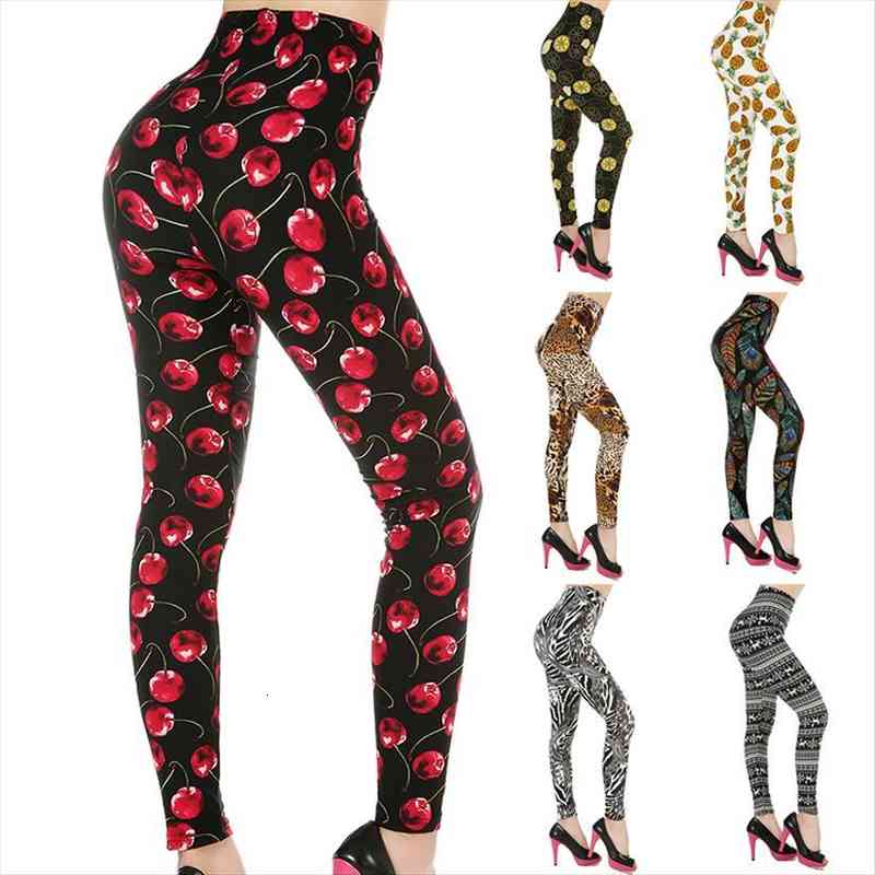 

ultra soft high waist women legging fashion cute cherry printing snug fit pants indoor sport workout casual milk, Black