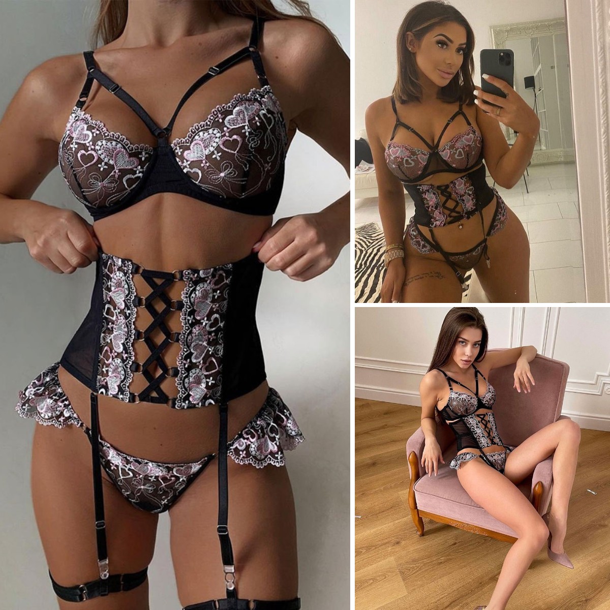 

In Stock Women Designer Sexy Lingerie Ladies Sleepwear Underwear Lace Embroidered Jaquard Love Hitting Erotic Cross Belt Three-Piece Suit Bodysuit, Black