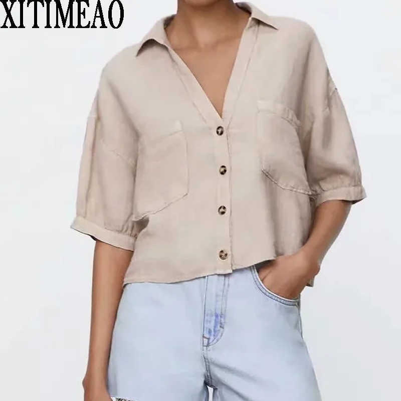 

ZA Women Summer Fashion Retro Short Tops Sleeve Elegant Blouse Clothing Basic Lapel Shirt XITIMEAO 210604, White