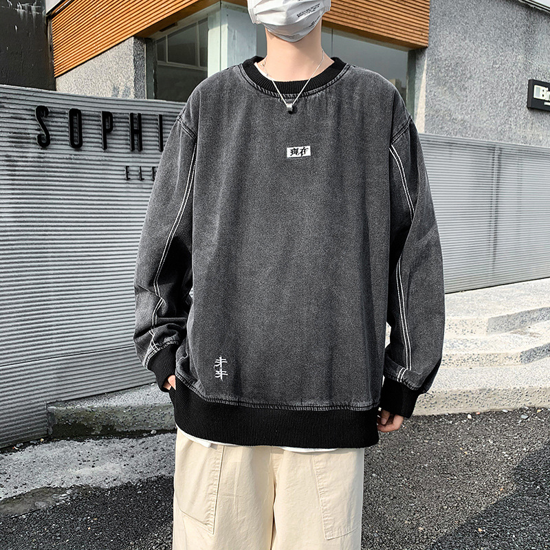 

QNPQYX New Autumn Street Men Sweatshirts Retro Washed Denim Pullover Sweater Men's Tide Loose Letter Embroidery Hip-hop Hoodies, Black