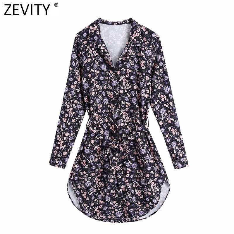 

Zevity Women Vintage Purple Floral Print Business Shirt Dress Office Lady V Neck Bow Tied Sashes Casual Mini Vestidos DS4813 210603, As pic ds4813bb