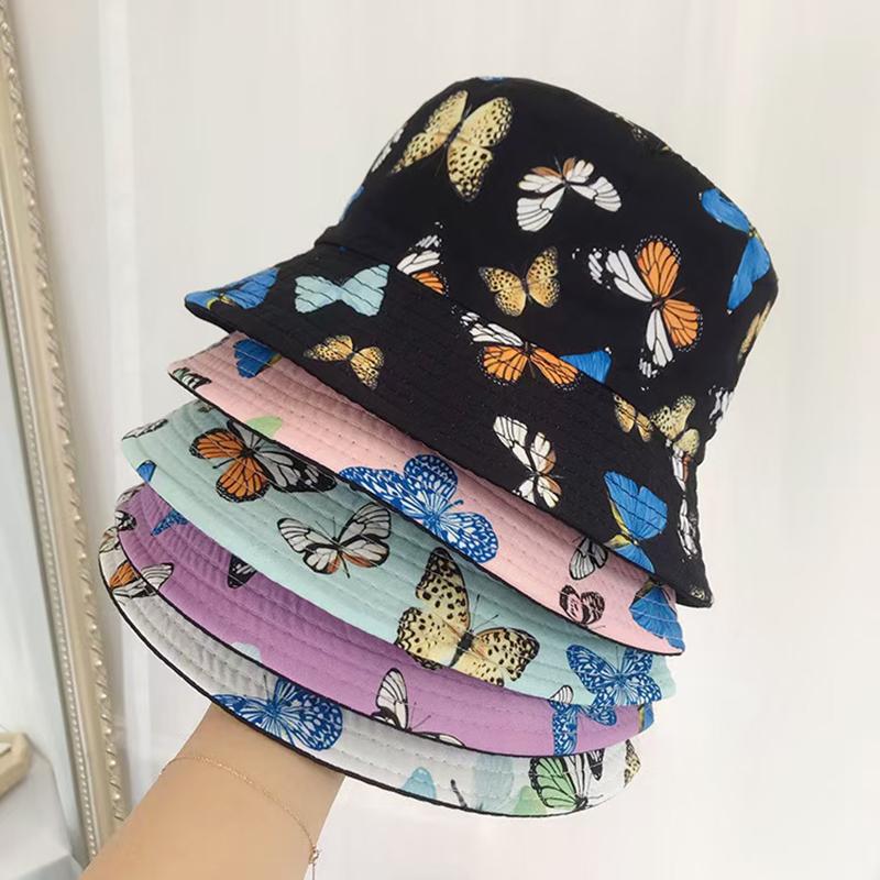 

Wide Brim Hats Women's Summer Hat Print Butterfly Bucket Double-side Wear Beautiful Female Sun Protection Caps, White