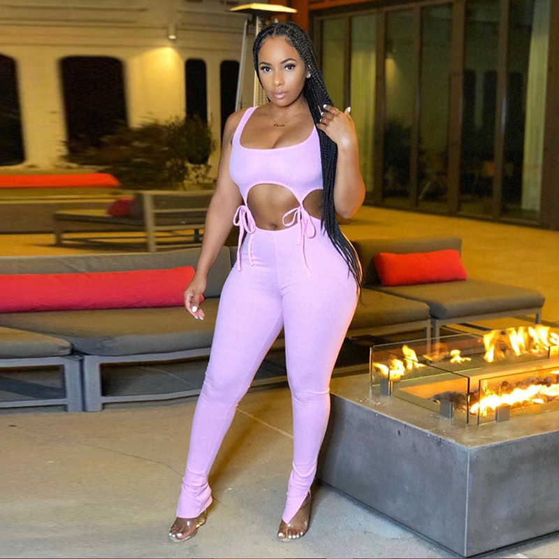 

QuanRun 2 Piece Set Casual Sexy Women Sleeveless Hollow Out Crop Top+Straight Pants Fitness Streetwear Spring Summer 210604, Pink