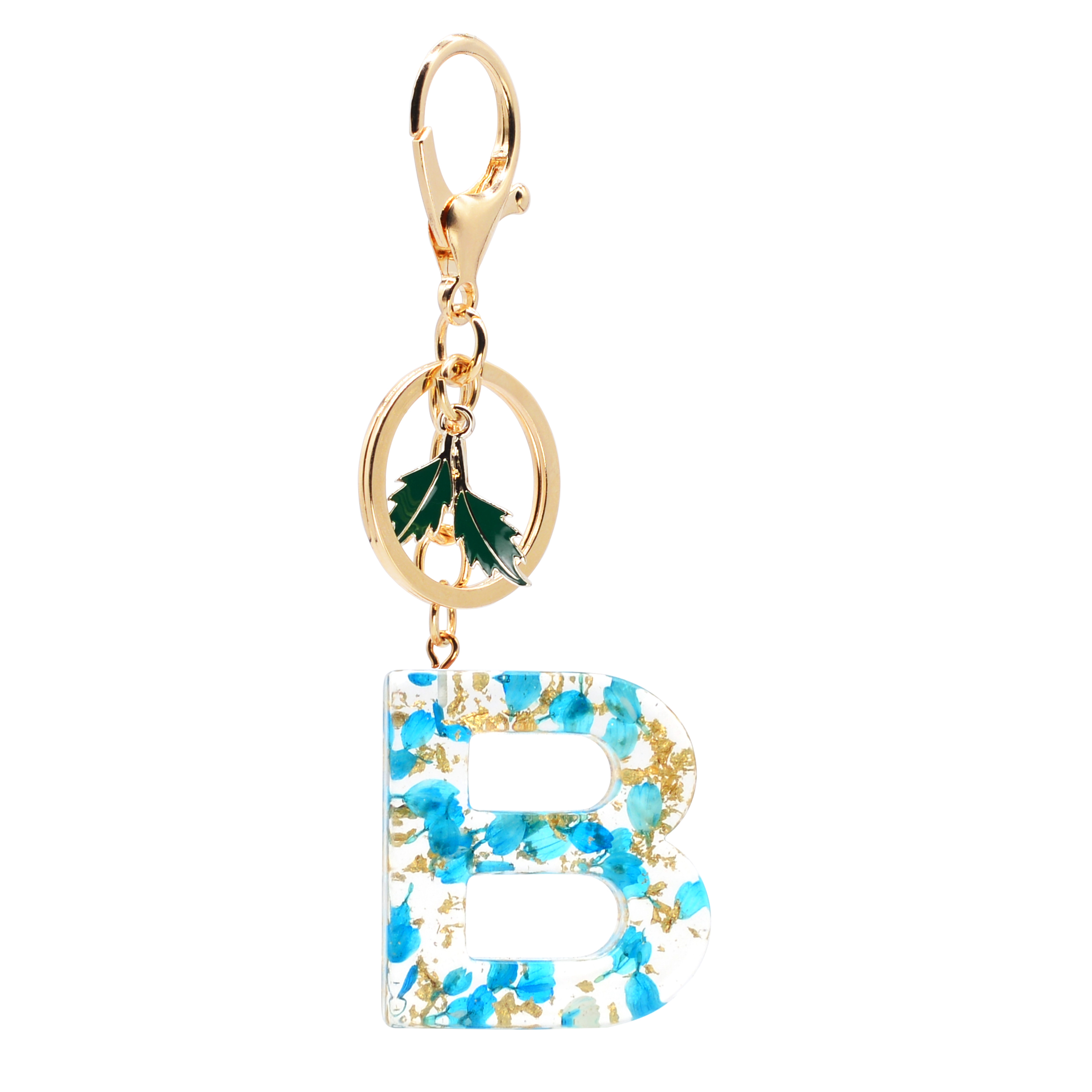

New Fashion English Letter Keychain Resin Small Blue Flowers With Gold Foil Filling Pendant Key Chain Handbag Charms For Woman