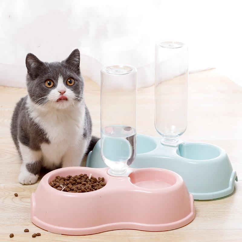 

Cat Bowls & Feeders Double-Bowl Dog Feeder Waterer Dispenser Pet Accessories Water Bowl Bottle Food Product 4 Colors