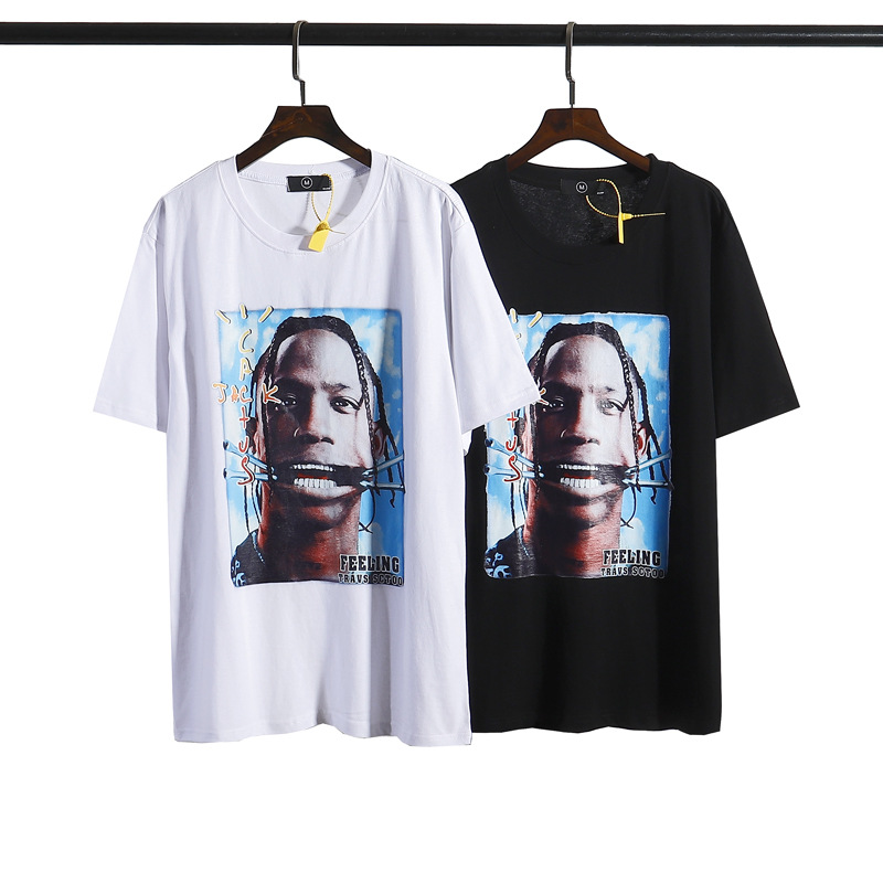 

21ss Summer Men T Shirts Travis Scott Feeling Peripheral Portrait Direct Spray Printing Men's and Women's Couple Loose Short Sleeve T-Shirt, Black