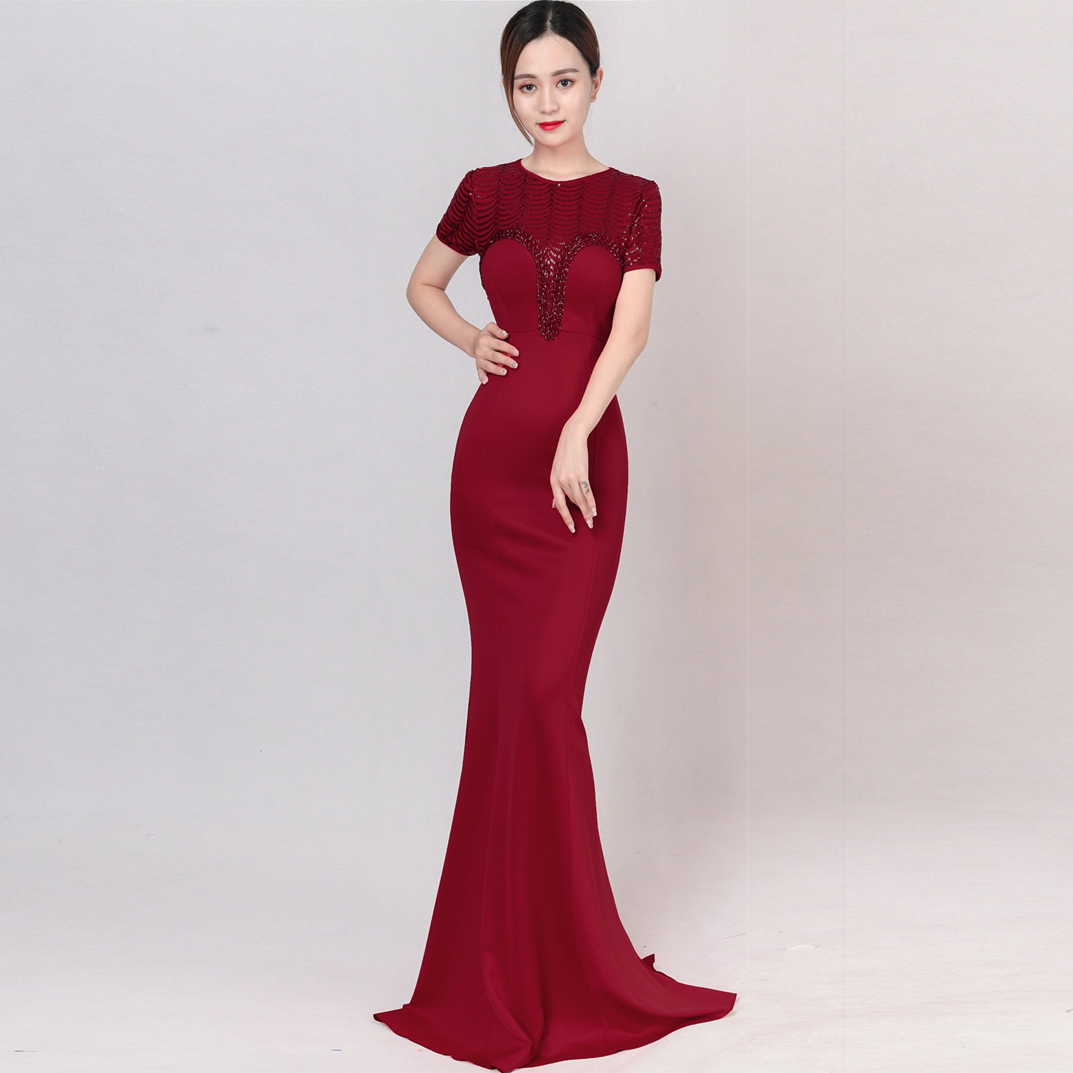 

Womens Sexy Cap Short Sleeve O-neck Cocktail Gowns Company Annual Meeting Banquet Host Dresses Mermaid Wedding Party Dress J85y, Burgundy