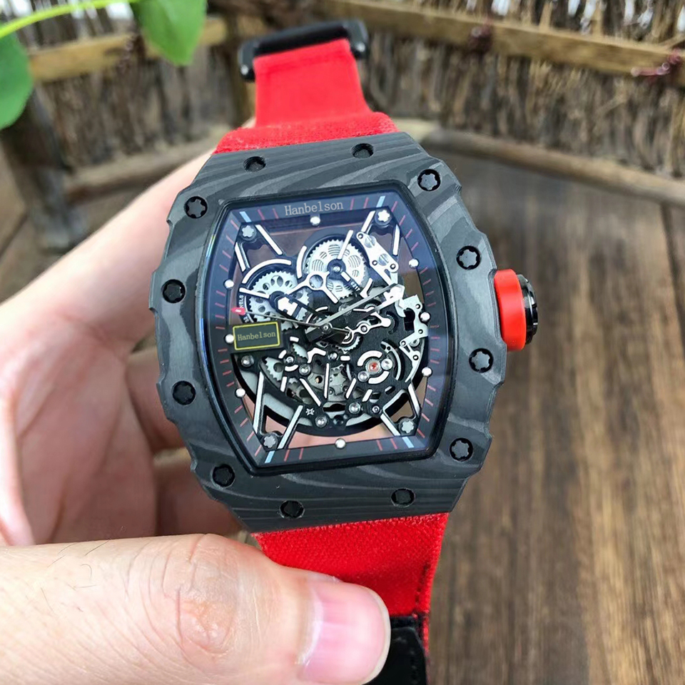 

2021 35-02 Carbon fiber Montre De Luxe Mens Watches Wristwatches Automatic movement Skeleton dial Red Woven cloth strap Hanbelson, Yellow folding clasp