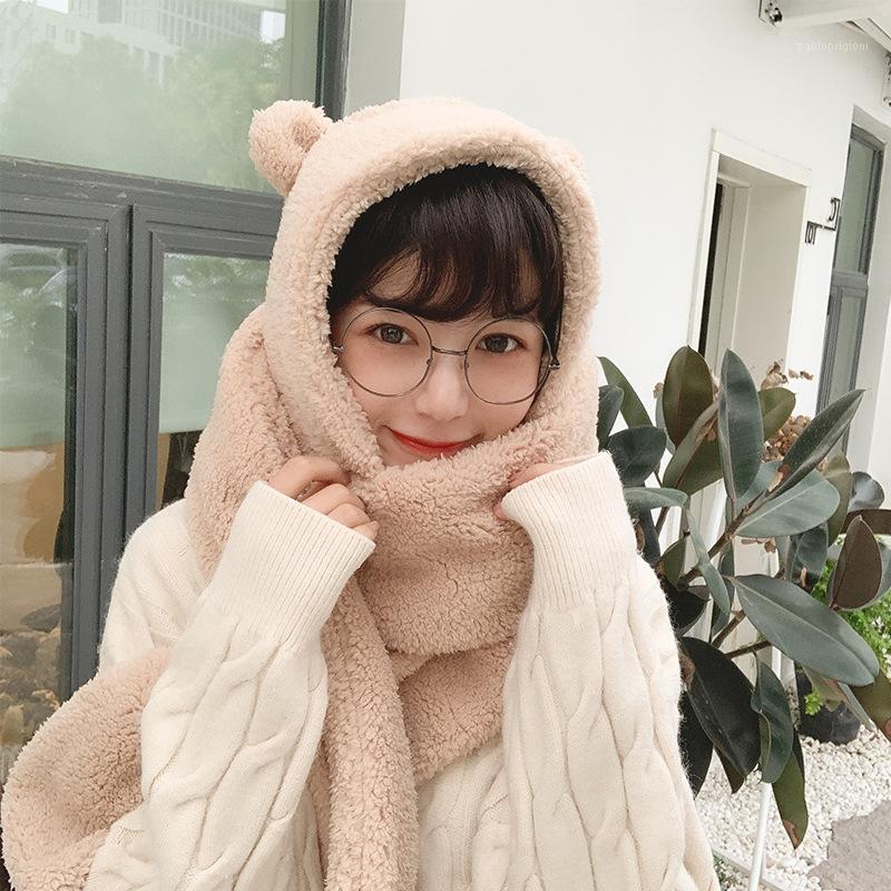 

Berets Winter Hats Cute Bear Ears Hat Scarf Double Thickening Warm Lamb Cap Casual Snow Outdoor Keep Sombreros De Mujer, Beige