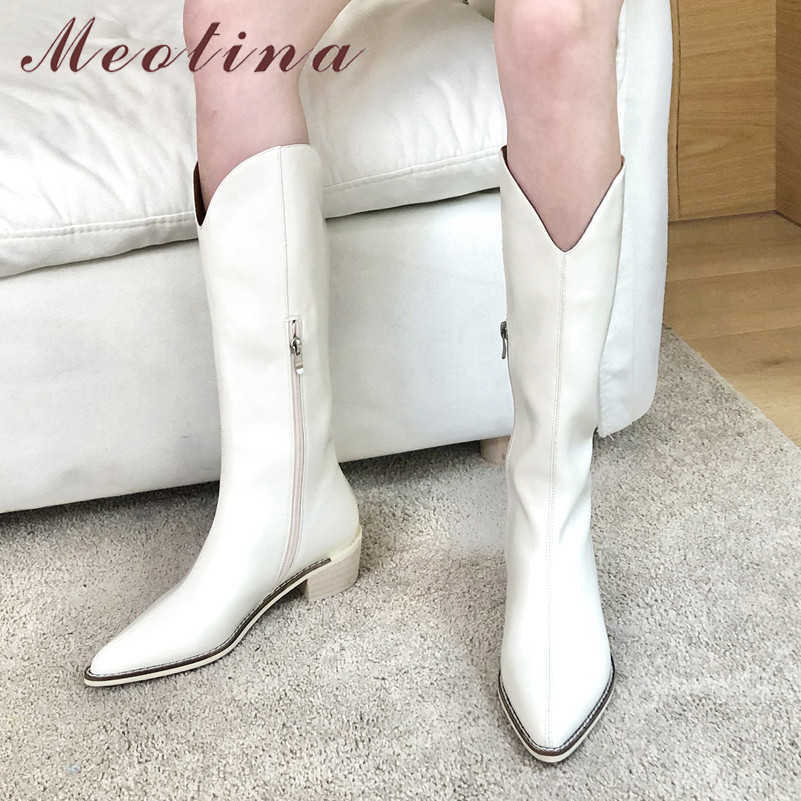 

Meotina Women Knee High Boots Shoes Real Leather Mid Heel Western Boots Pointed Toe Zip Chunky Heels Lady Long Boots Brown Beige 210608, Black synthetic lin