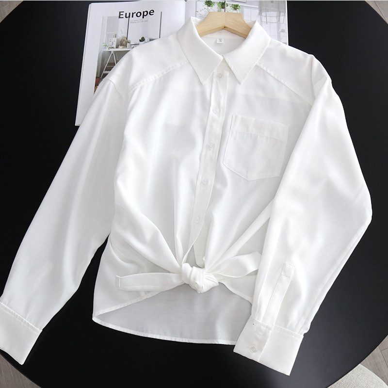 

2021 New Blusa Feminina Branco Simples Manga Comprida Turn-down Colarinho Escritrio Senhora Camisa Com Nico Bolso Ppzt, Black