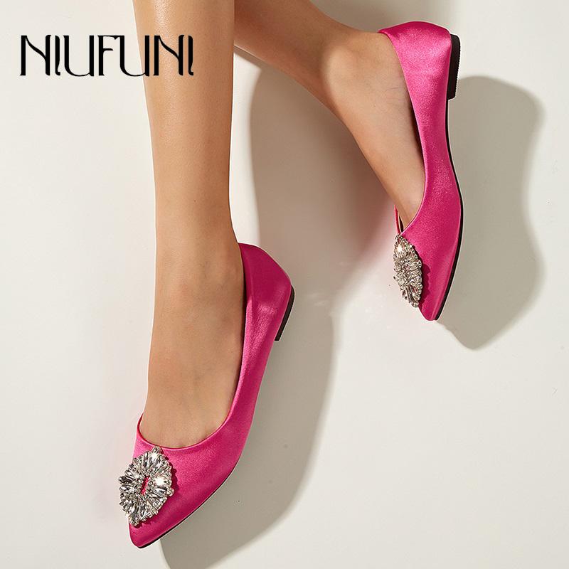 

Dress Shoes NIUFUNI Rhinestone Fashion Pointed Women Pumps Flats Casual Silk Pure Color Simple Slip On Slides Spring Satin, Black