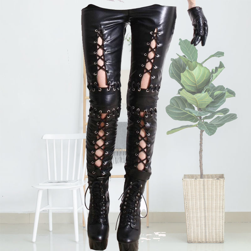 

2021 New Vintage Streetwear Bright Imitation Leather Ny Punk Rock Hollow-style Waistband Leggings Women's Pants Cut Off Z5k9, Black