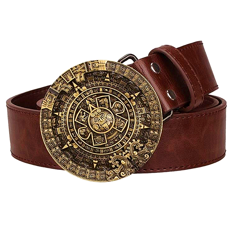

2021 New National Style Mens Leather Metal Aztec Sun Retro Mayan Solar Calendar Pattern Belt Round Buckle Hg41, Black