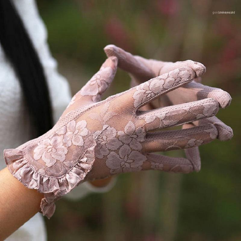 

Five Fingers Gloves Fashion Sexy Lace Touch Screen Summer Sunscreen Ladies Anti-UV Driving Anti-Skid Cycling Lotus Leaf Gloves1