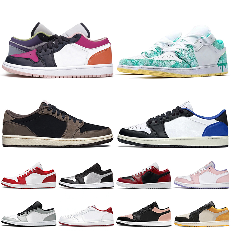 

2021 Women Mens 1 Low Baksetball Shoes Jumpman 1s Purple Magenta Retro Paint Drip Fragment Travis Scotts Light Smoke Grey Trainers Sneakers