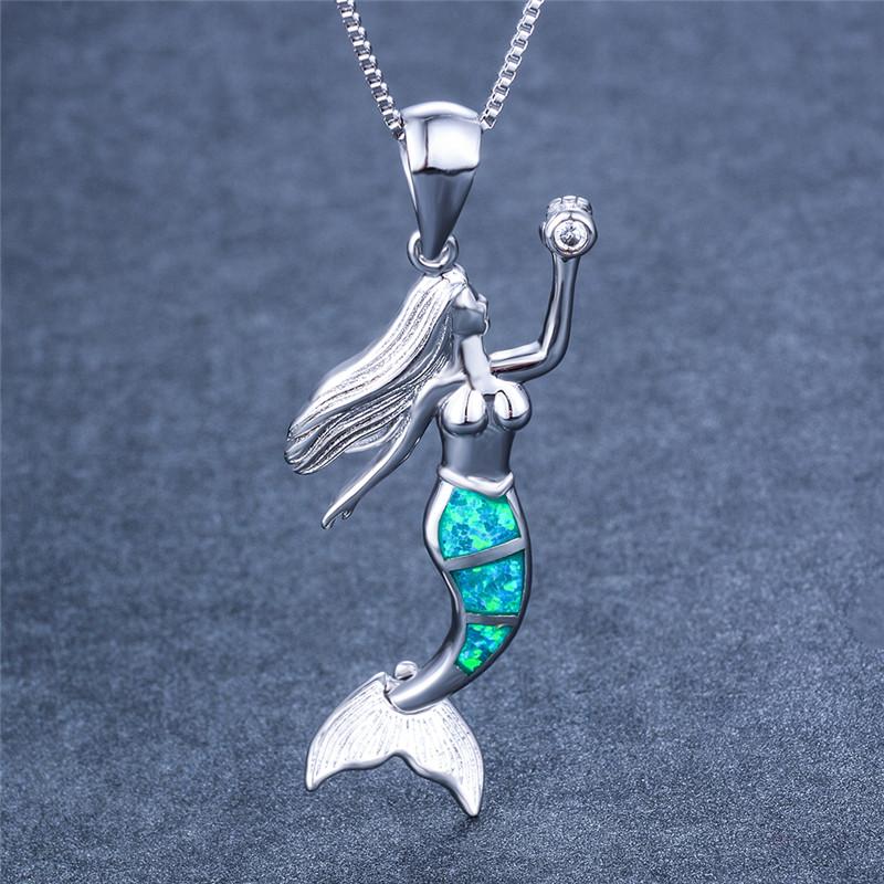 

Pendant Necklaces White Blue Green Opal Necklace Female Cute Mermaid Vintage Bride Long Chain Wedding For Women Jewelry