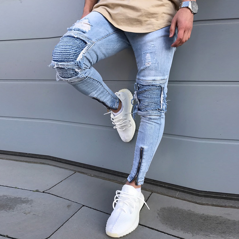 

2021 New Men Small-footed Light-colored Trim Hole Pleated Trend Fashion Stretch Winter Hip Hop Biker Patch Uydu, Blue