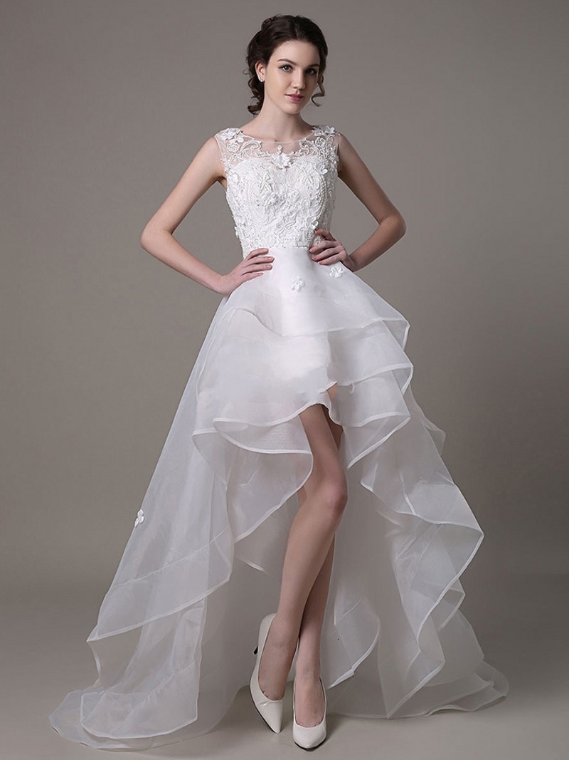 

2021 New Asymmetrical Organza Wedding High Low with Lace Beading Flower Bridal Gowns Vestidos De Noiva 2ucl, Ivory