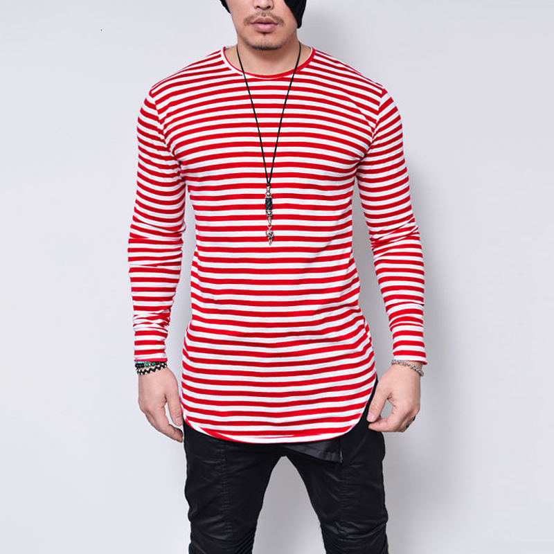 

2021 Striped Male T-shirt with Long Sleeves, Men's Fashions, Elastic and Casual Street Clothes, Irregular, Slim, 4xl 5xl, Large Size, Auvu, Red