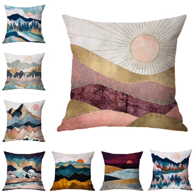 Paintings Gold Mountains Ocean Cushion Case Hand Painting Modern Nordic Art Decorative Pillows Livingroom Sofa Couch Throw-image-704878197