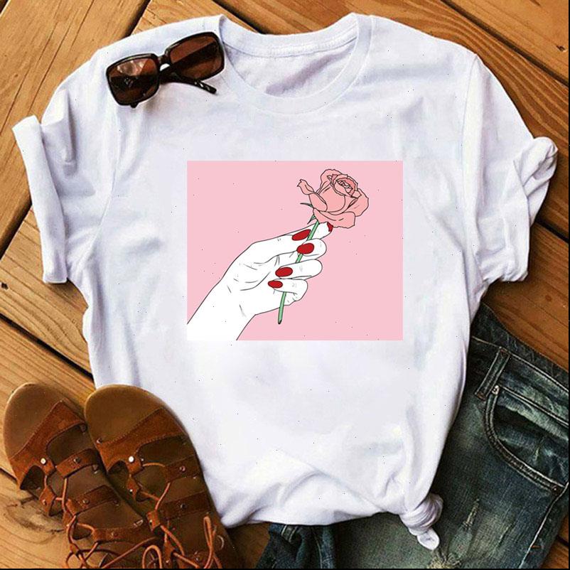 

pink background hand with rose flower print summer new fashion t shirt friends tshirt female casual cotton clothes, White
