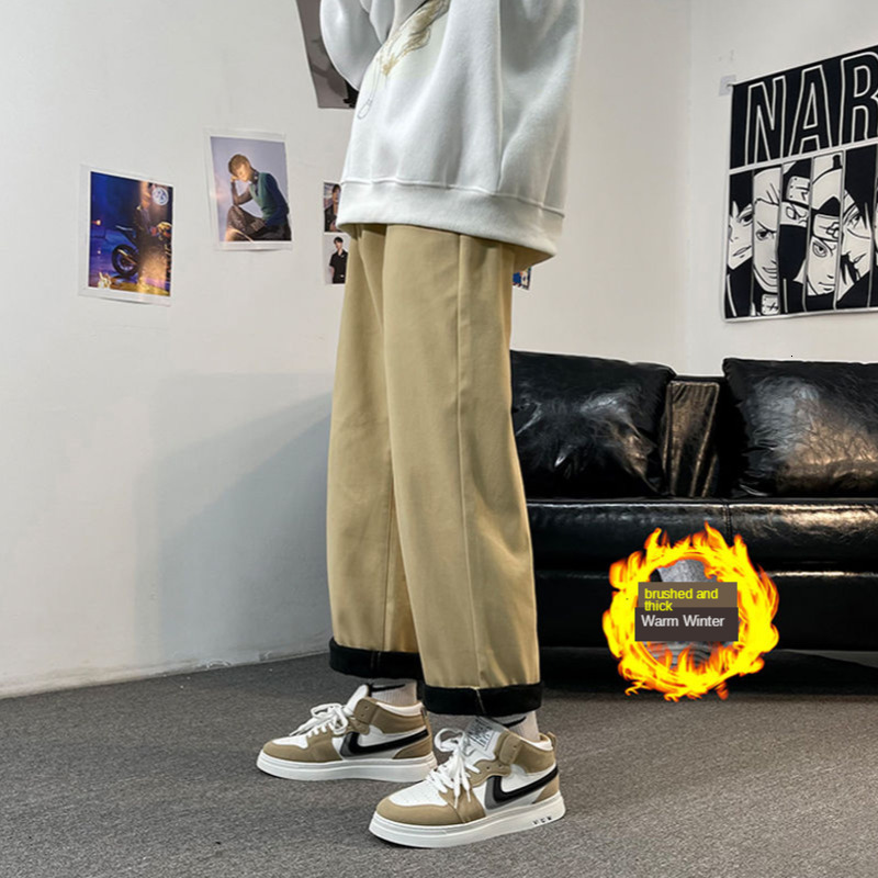 

2021 New Winter Plus Veet Men's Warm Fashion Solid Color Casual Men Streetwear Hip-hop Straight Wide-leg Pants Mens Z9hc, Khaki