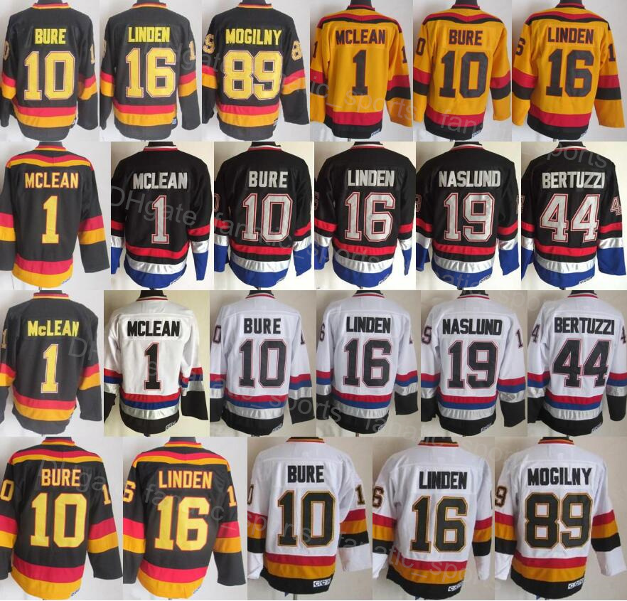 

Men Vintage Ice Hockey 10 Pavel Bure Retro Jersey 1 Kirk Mclean 19 Markus Naslund 89 Alexander Mogilny 44 Todd Bertuzzi Home White Black Yellow Away High Quality FaYi, 1 black