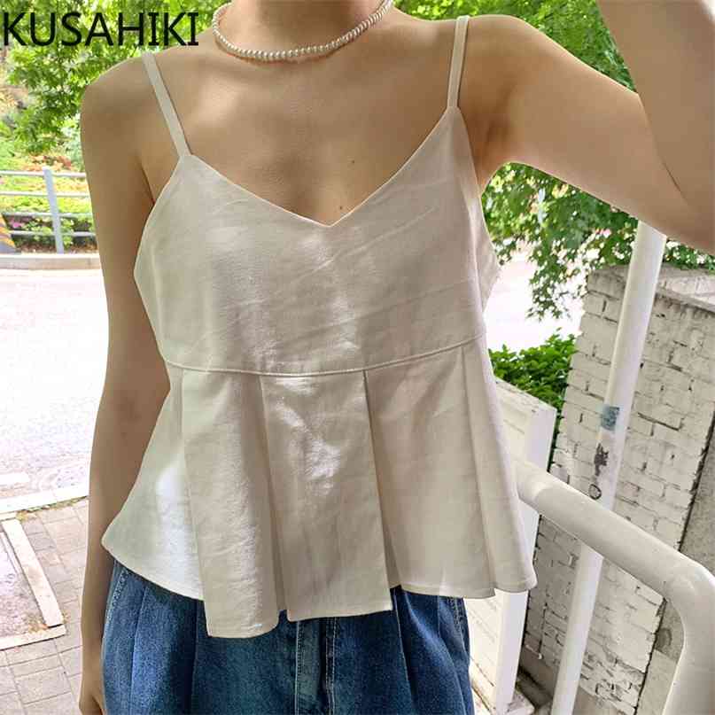 

Summer Sweet Woman Camis Causal Korean Folds Tank Tops Fashion Female Sleeveless V-neck Sling Vest 6J241 210603, White