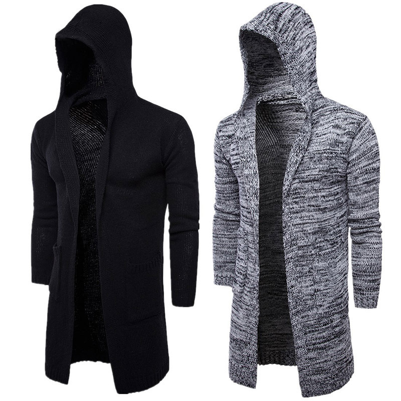 

2021 New Fashion Mens Casual Long Coat Autumn Hooded Knitted Sweaters Sweatercoats Male Embroidery Cardigan A6is, Black