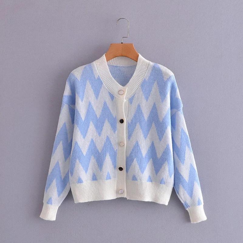 

Women' Knits & Tees Fashion Korean Autumn Chic Big Wave Color Contrast All-Match Women Sweater Knitting O-Neck Cardigan0621, Blue
