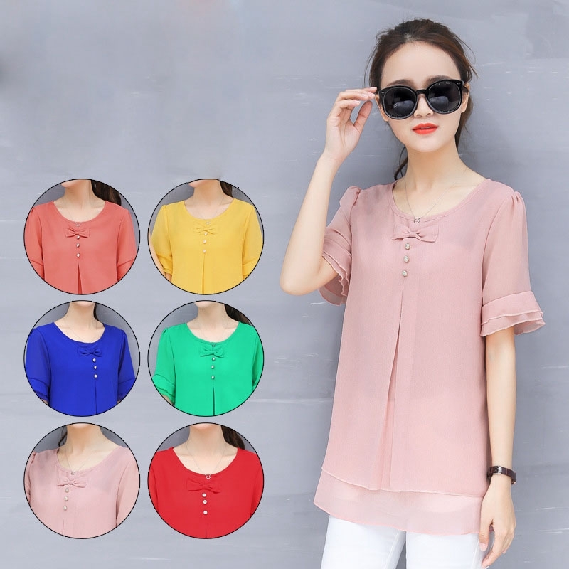 

2021 New Women's Plus Size Chiffon Shirts Loose Summer Short Women Blouses Casual Solid Butterfly Sleeve Ladies Shirt Qdnb, Green