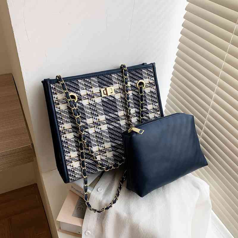 

Chain Tote 2021 new woolen Plaid lock single shoulder women's Messenger Bag Fashion child and mother bag, Blue