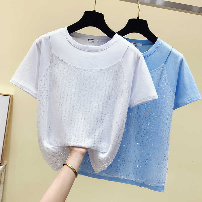 

Harajuku Mesh Patchwork Korea T shirt Women Summer Short Sleeve Appliques TShirt Tops Casual Pink Tee Shirt Femme 210604, White