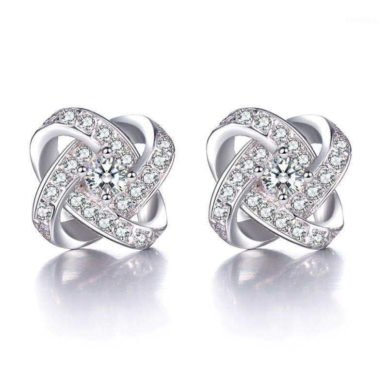 

Stud 100% 925 Sterling Silver Fashion Shiny Crystal Flower Ladies`stud Earrings Jewelry Anti Allergy Women Female Drop, Golden;silver
