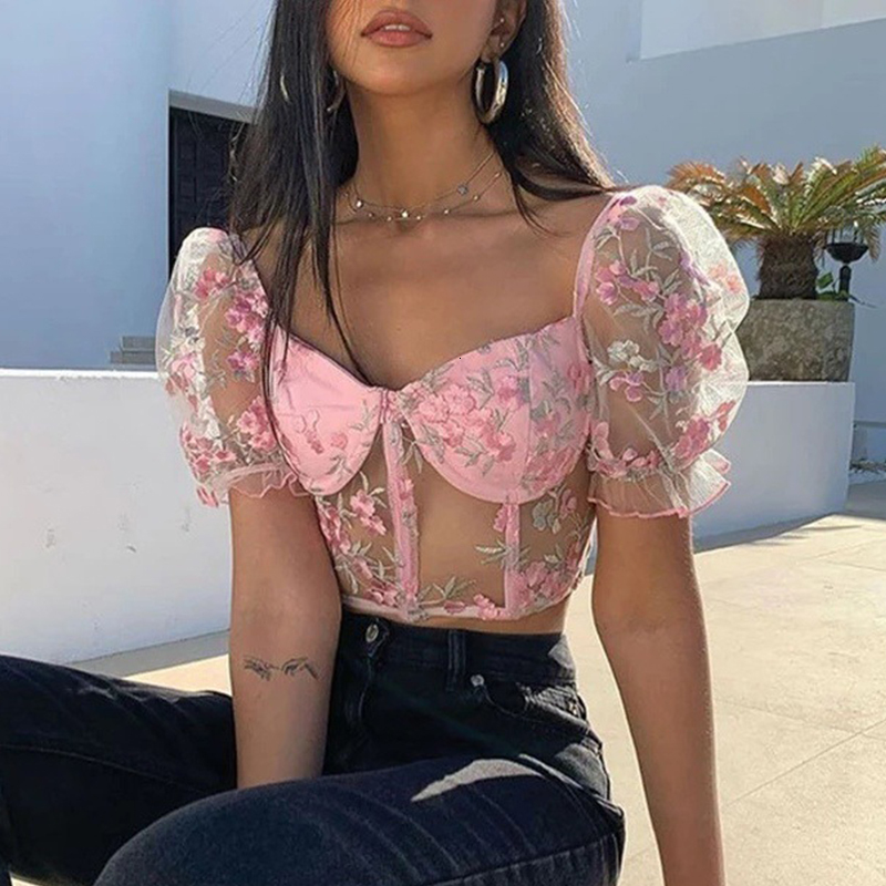 

2021 New Embroidery See-through Sexy Crop Women Summer Sleeve Strapless Tank Slim Mesh Patchwork Short Pink Tops Gv6u