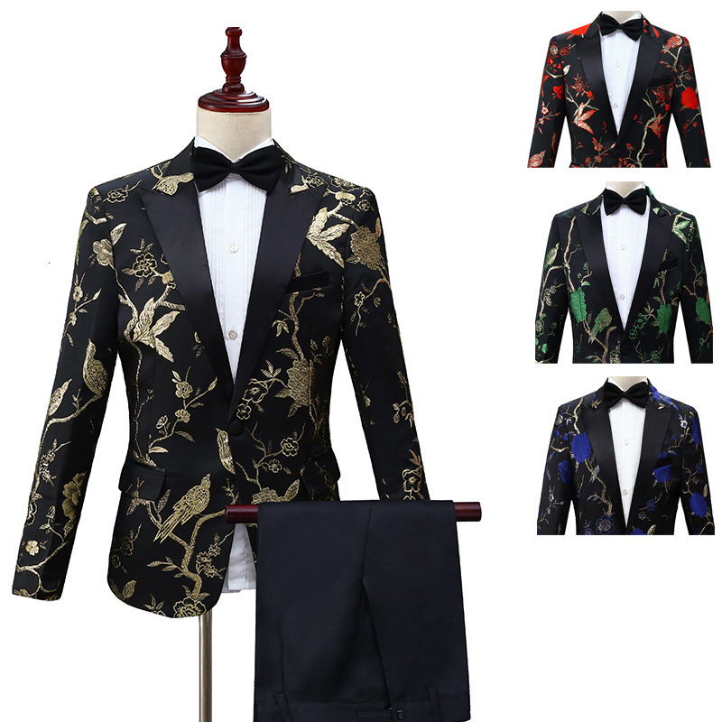 

Wedding Grooms Bridegroom Suit Slim Fit Singer Costume Luxurious Jacquard Embroidery Floral Birds Pattern Suits for Men 21hs, Blue
