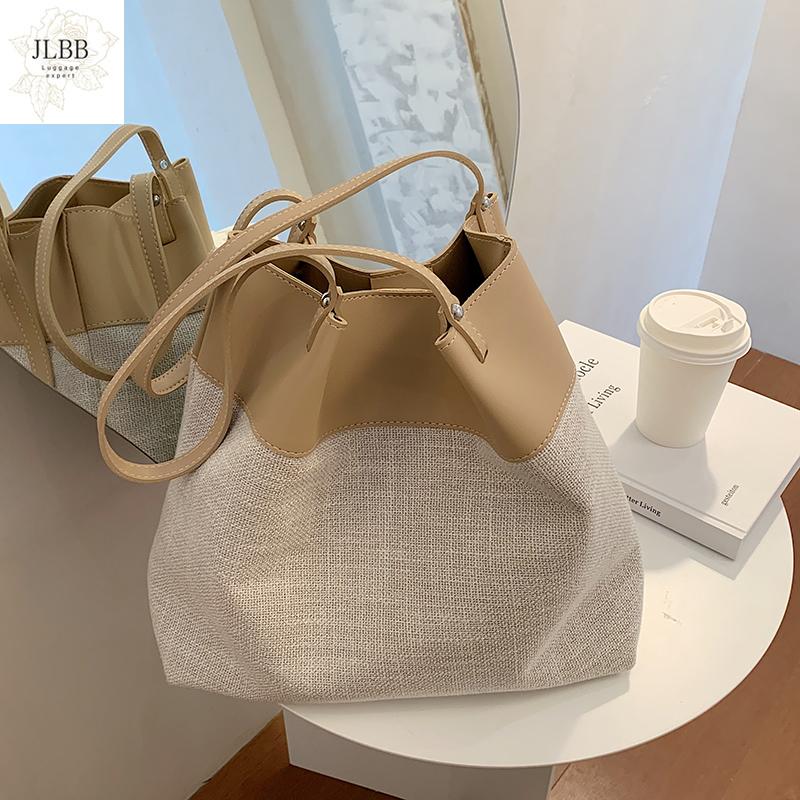 

casual linen large capacity totes designer patchwork women shoulder bags luxury lady handbags simply buckets bag big purses 2021, Beige